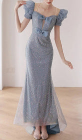 MAXIKLEID MIT PAILLETTEN UND PUFFÄRMELN IN BLAU